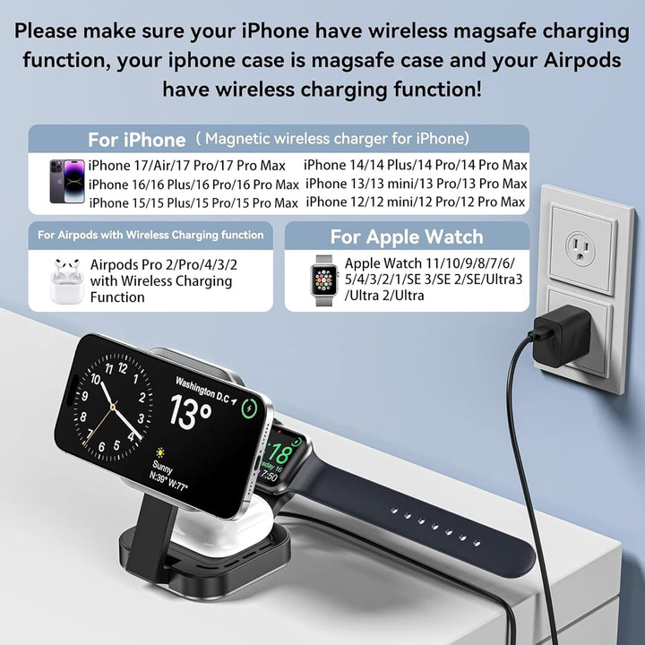 3 in 1 induktive Ladestation für Apple-Geräte, Faltbarer 3 in 1 kabelloses Ladegerät für Magsafe für