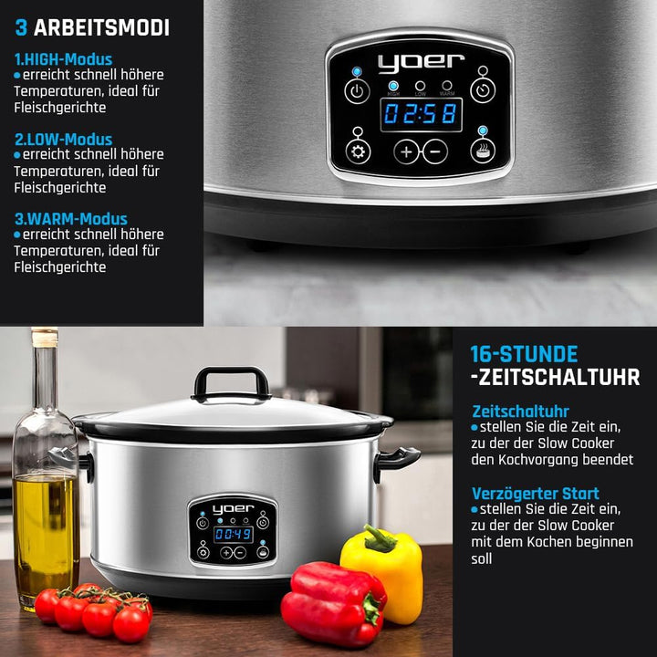Yoer Clever-Cook SC6502S, Slow Cooker, 320W, 6,5L, Multifunktional, ECO, 16-Stunden-Timer, LCD-Displ