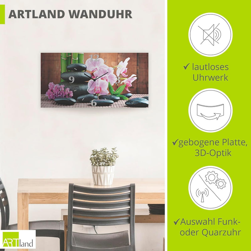 ARTLAND Wanduhr ohne Tickgeräusche Alu Funkuhr 60x30 cm Rechteckig Lautlos Zen Asiatisch Spa Blumen