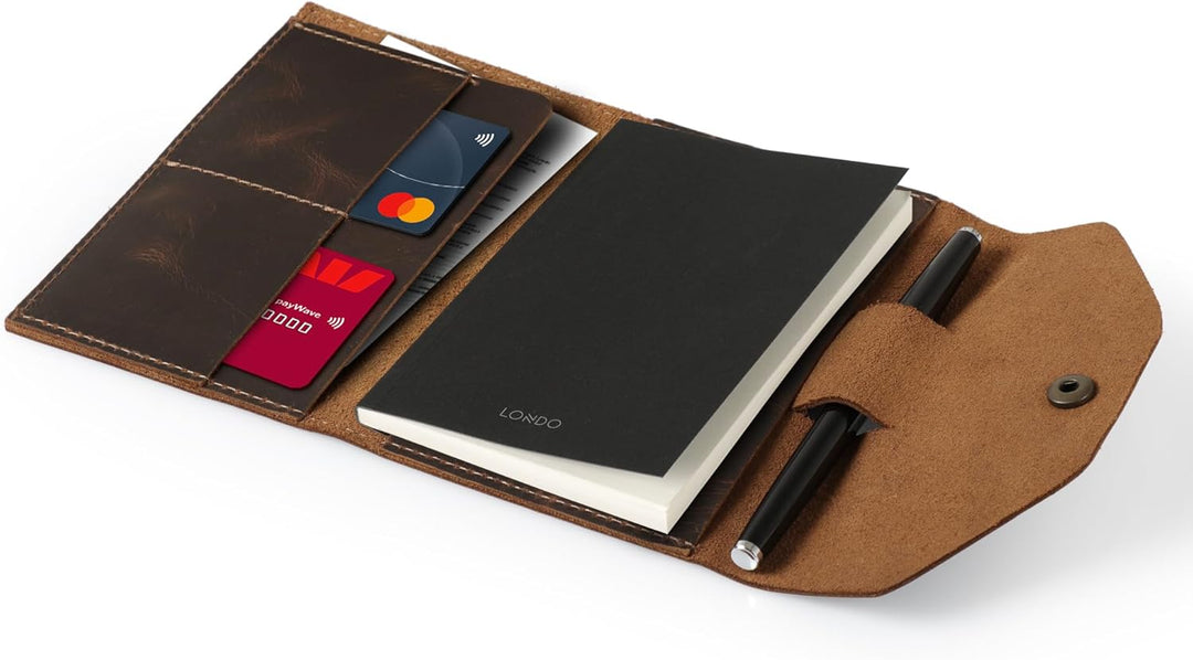 Londo Echtleder Schreibmappe Konferenzmappe mit Notizblock Notizblock und Schloss Braun S, Braun S