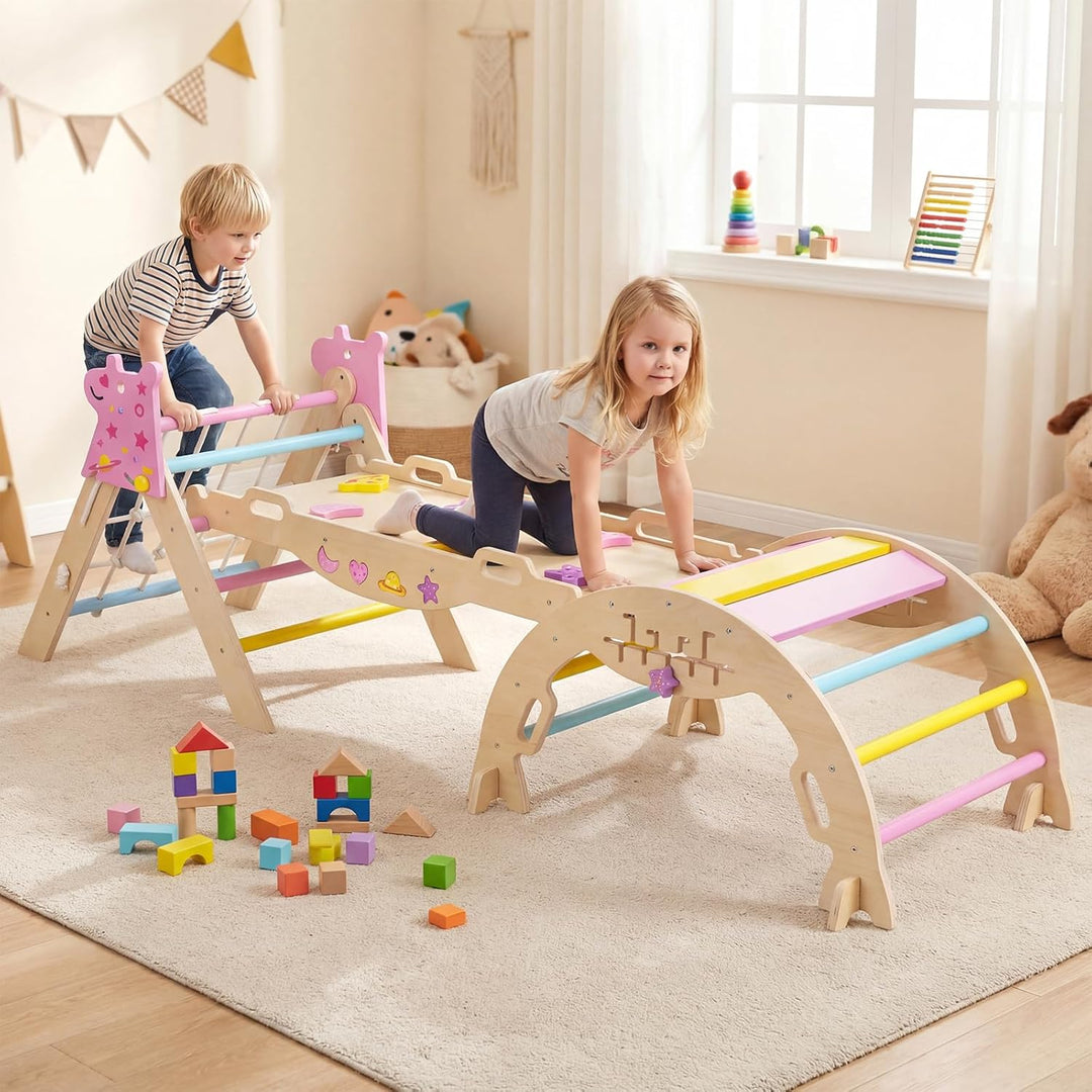 COSTWAY Klettergerüst Indoor 3er Set, klappabres Kletterdreieck mit Rutsche, Kletterbogen, Netz, ink