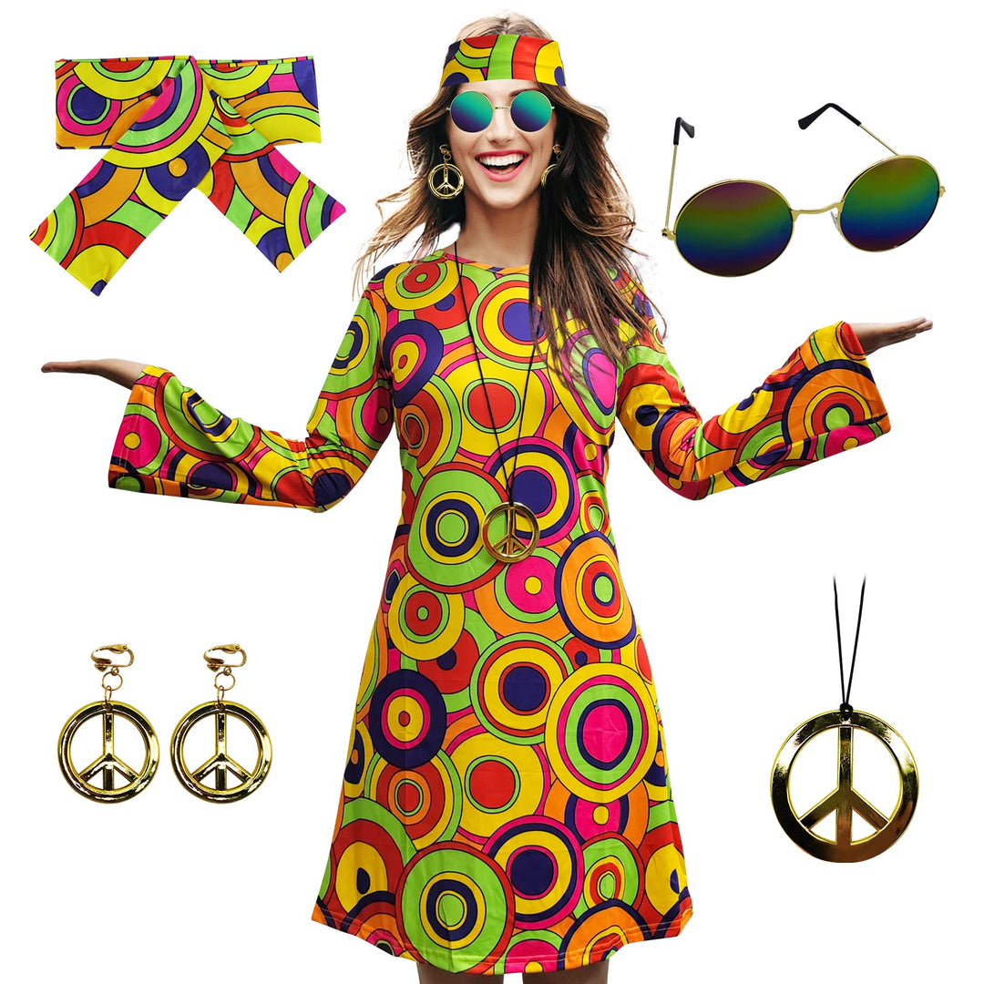 Damen-Hippie-Kleid, 1970er-Kostüm, mit Halskette, Ohrringen, Sonnenbrille, Disco-Outfit, 1960er-Part