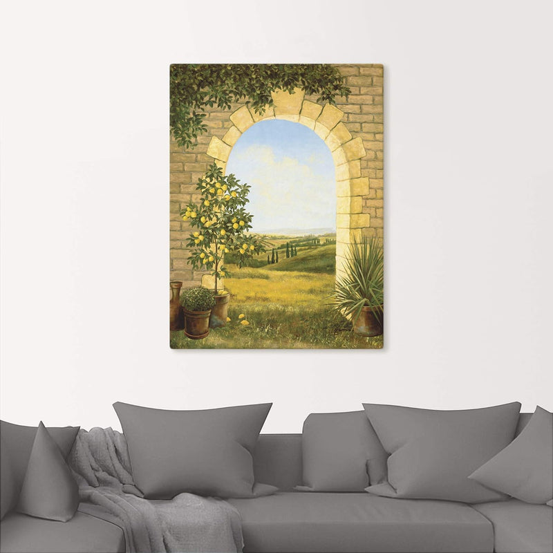 Artland Leinwandbild Wandbild Bild auf Leinwand 60x80 cm Wanddeko Fensterblick Toskana Landschaft Na