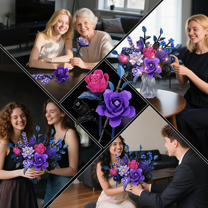 Blumen Bauset - 17 Blume Blumenstrauss Bausteine mit LED, 887 Teile Kunstblumen Bausatz Spielzeug, L