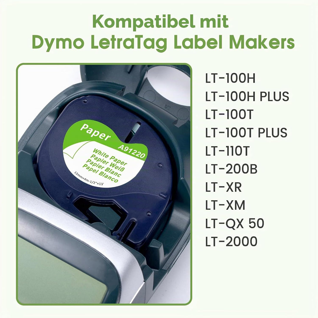 10 Packung MarkField Kompatibel mit Dymo Letratag Papier Etikettenband 12mm x 4m, Kompatibel mit Dym