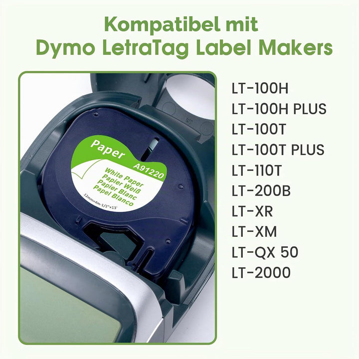 10 Packung MarkField Kompatibel mit Dymo Letratag Papier Etikettenband 12mm x 4m, Kompatibel mit Dym