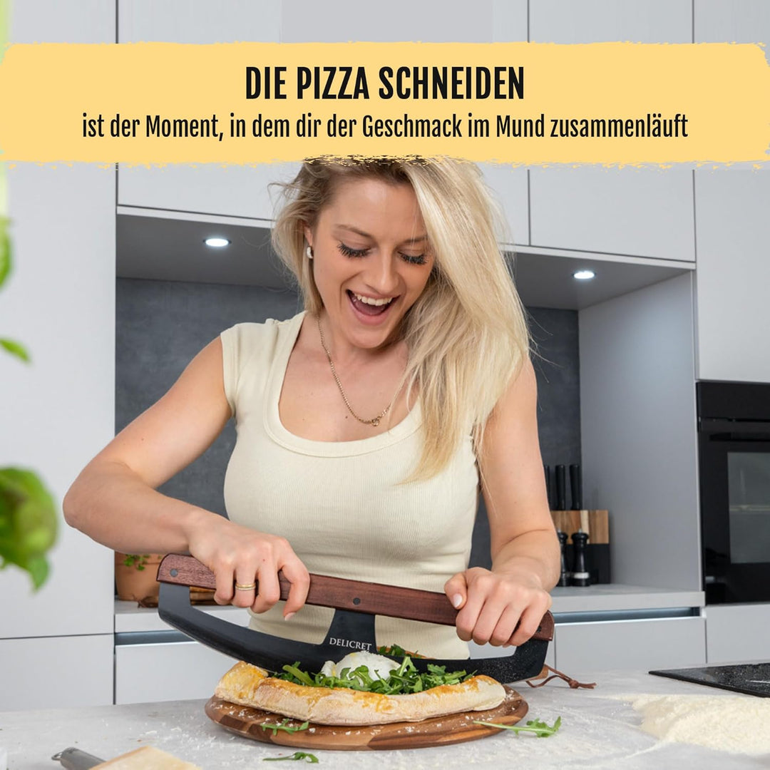 DELICRET "Black Line"- Pizza Wiegemesser | Pizzaschneider mit Akazienholtgriff & scharfer Edelstahlk