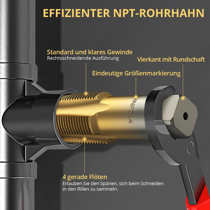AMTOVL 6tlg. NPT Rohrgewindebohrer Set Gewindebohrer 1/8", 1/4", 3/8", 1/2", 3/4", 1&