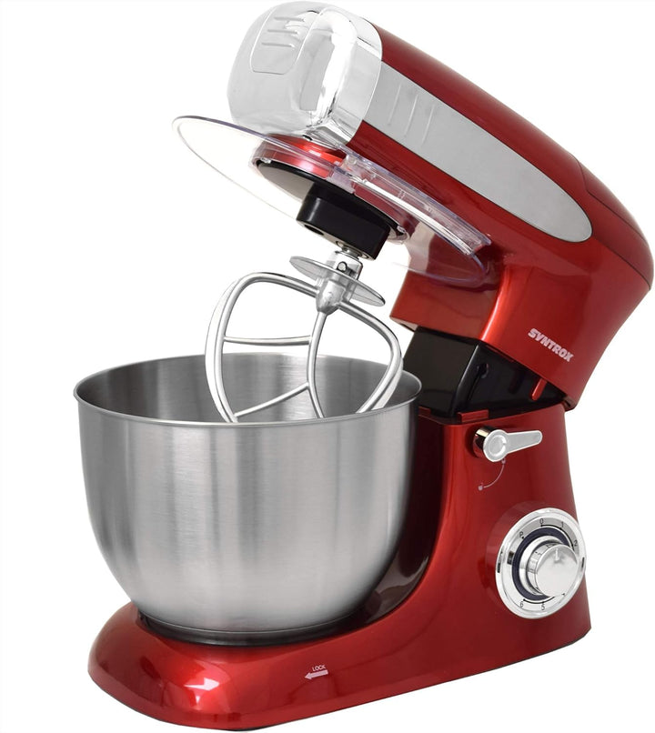 Syntrox Germany KM-1300W Red de Luxe Küchenmaschine Knetmaschine Mixer mit Fleischwolf, Edelstahl-Be