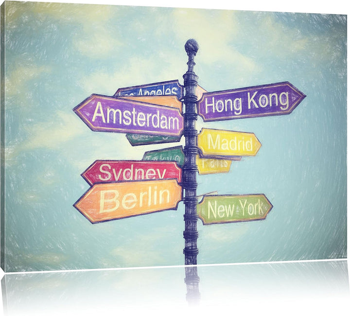 Pixxprint Städte Wegweiser Kunst Buntstift Effekt, Format: 100x70 auf Leinwand, 100x70