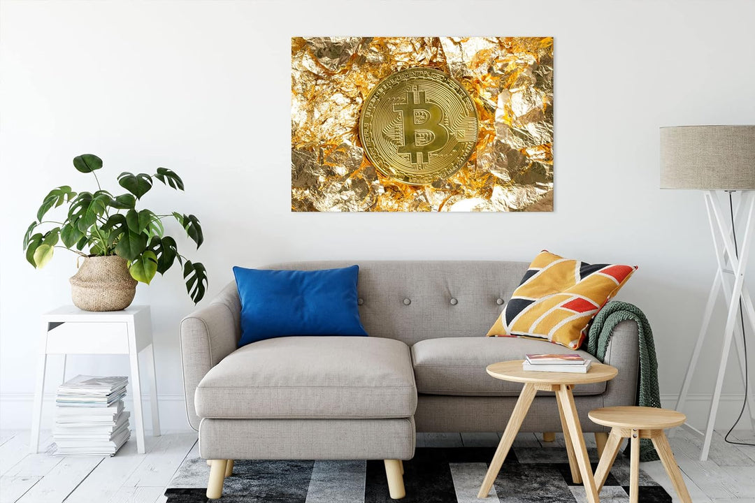 Pixxprint Bitcoin BTC Goldpapier als Leinwandbild | Grösse: 120x80 cm | Wandbild | Kunstdruck | fert