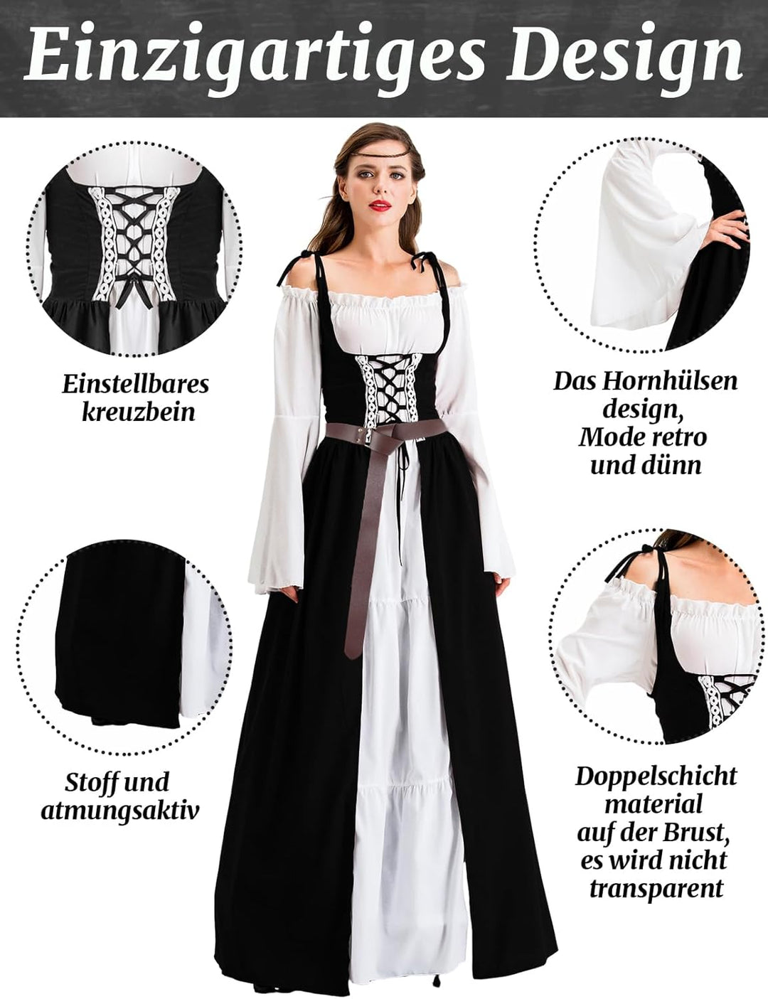 Pianocean Mittelalter Kleidung Damen, Renaissance Kleid, Gothic Kleid，Renaissance Mit Kapuze Langarm