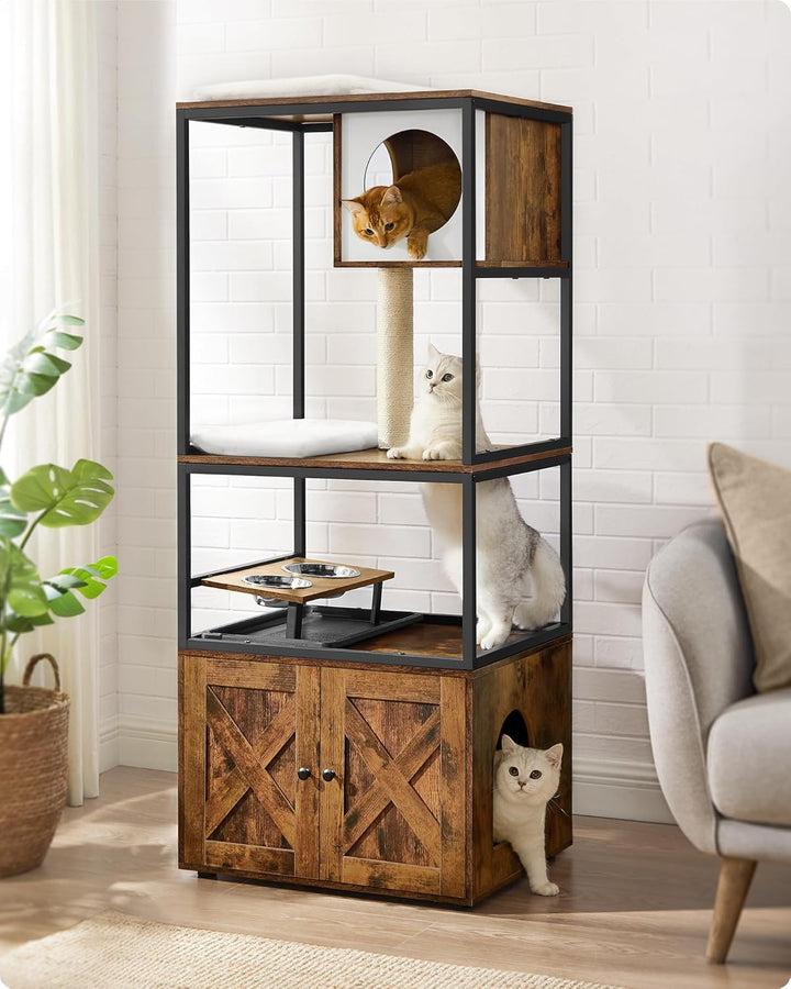 Feandrea Kratzbaum, Katzenbaum, Katzenhaus mit Katzenklo-Schrank, erhöhter Napfständer, Sisalstamm,