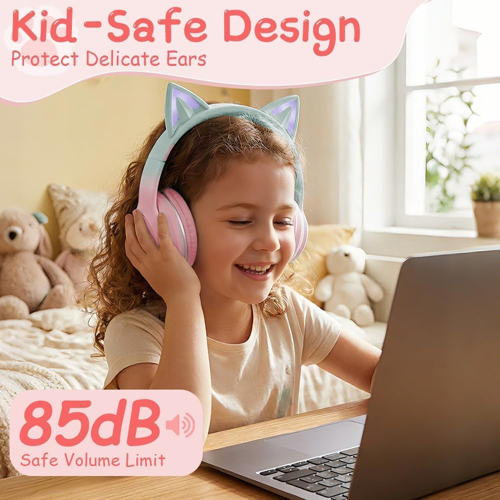Kinder Bluetooth Kopfhörer, Katzenohr LED Lichter, Bluetooth 5.3 Stereo, Verstellbares Kopfband, 85d