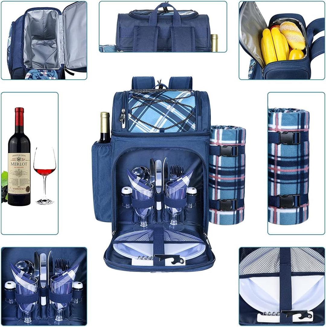 Hap Tim Picknickkorb Rucksack für 2 Personen mit isoliertem auslaufsicherem Kühlfach, Weinhalter, Fl