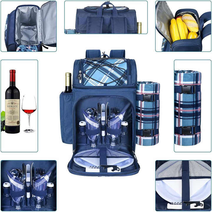 Hap Tim Picknickkorb Rucksack für 2 Personen mit isoliertem auslaufsicherem Kühlfach, Weinhalter, Fl