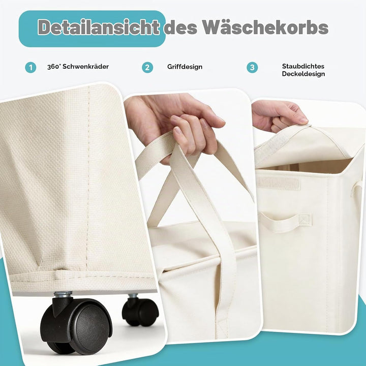 Slim Wäschekorb mit Deckel 55L, Wäschebeutel mit Rollen, atmungsaktiv, zusammenklappbar, schmal,für