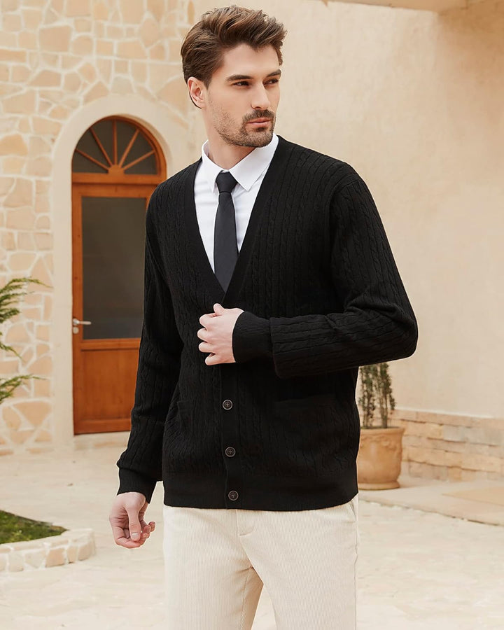 Kallspin Herren Strickjacke aus Wollmischung Zopfstrick Cardigan mit Knopfverschluss und Taschen M S