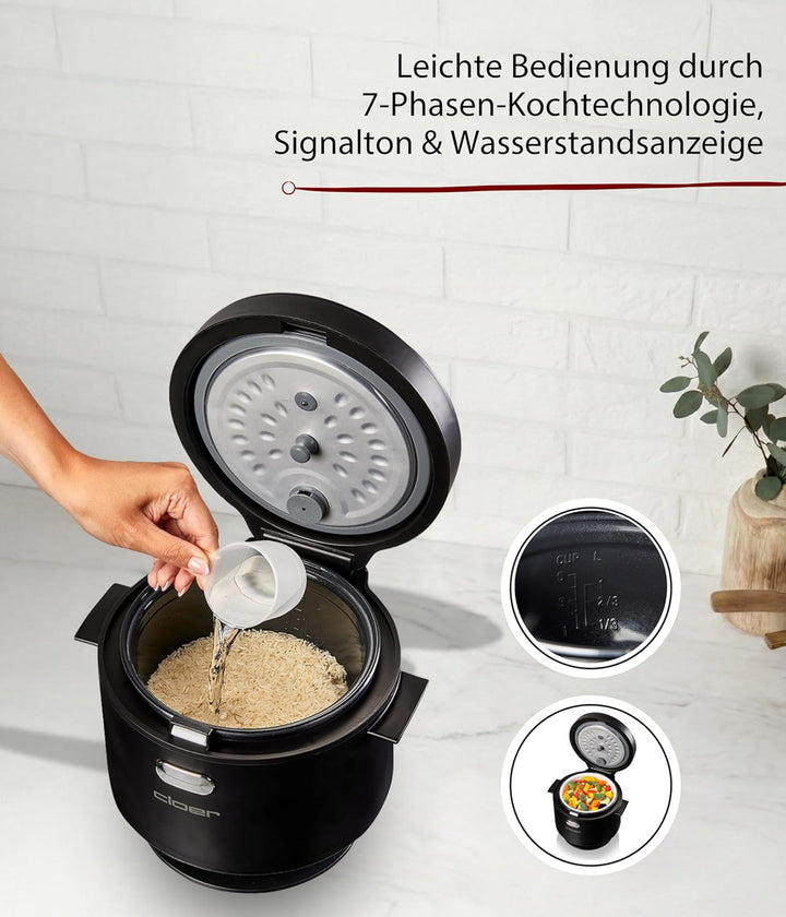 Cloer 6830 Reiskocher mit 1 l Fassungsvermögen, inkl. Dampfaufsatz & spülmaschinengeeignetem Innento