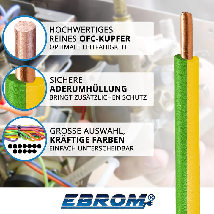 EBROM Aderleitung Einzelader starr H07V-U 1,5 mm² - Farbe: grün gelb, 20 m | von 10 bis 100 m bestel