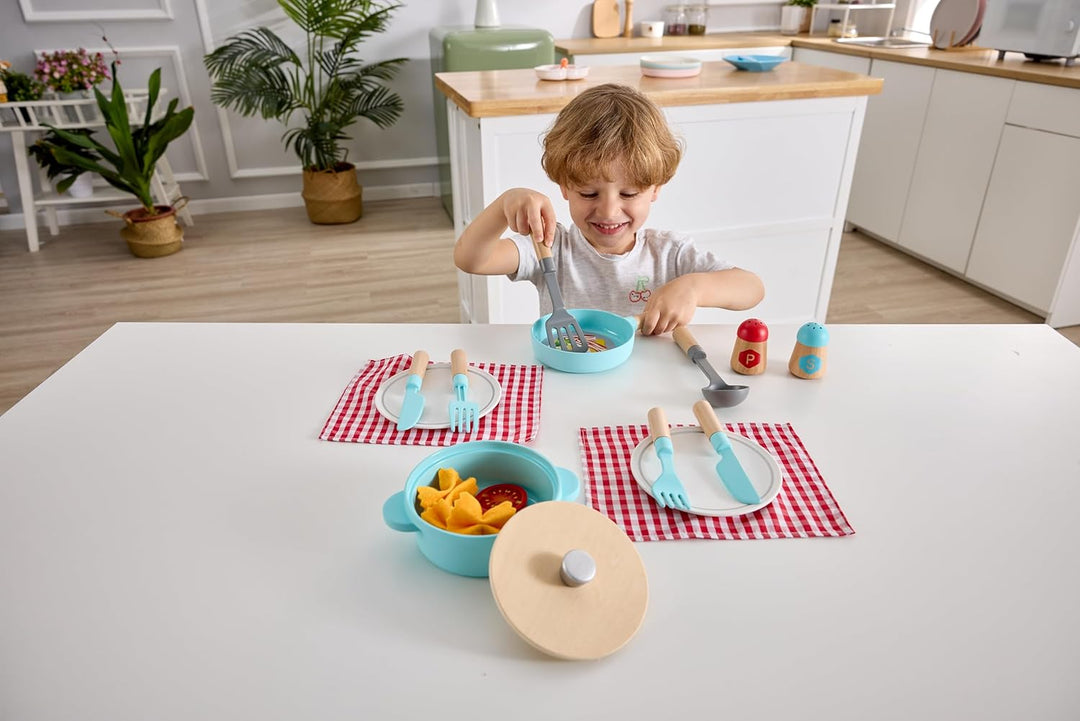 Hape Koch- & Servierset für Kinder – Holz Spielküche Zubehör, Rollenspiel Kochset mit Töpfen, Pfanne