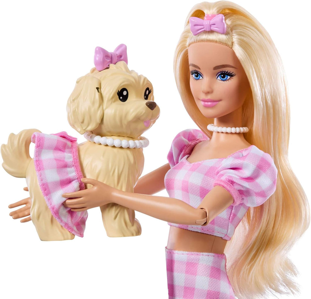 Barbie Twinning Looks Puppe mit Hündchen im Partnerlook mit rosa Gingham-Outfits und Accessoires wie