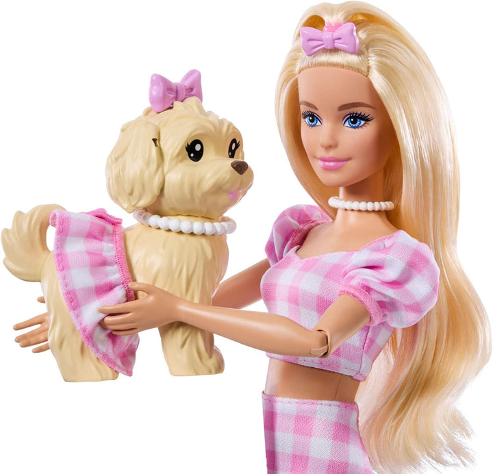 Barbie Twinning Looks Puppe mit Hündchen im Partnerlook mit rosa Gingham-Outfits und Accessoires wie