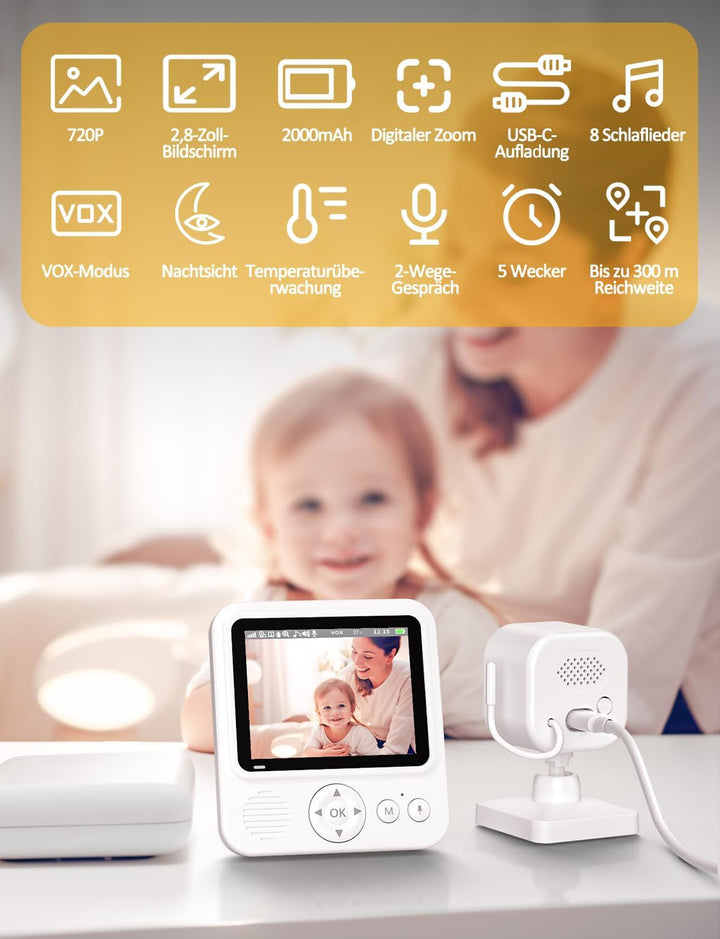 BURNNOVE Babyphone mit Kamera Video Babyphone ohne WLAN mit 2000 mah Akku 2,8" IPS-Display 720P HD 4