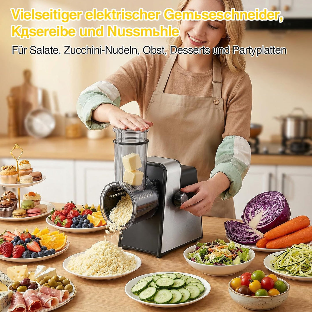 Gemüseschneider Elektrisch, Elektrische Käsereibe mit 7 Edelstahlklingen, 300W Reibe für Obst und Ge