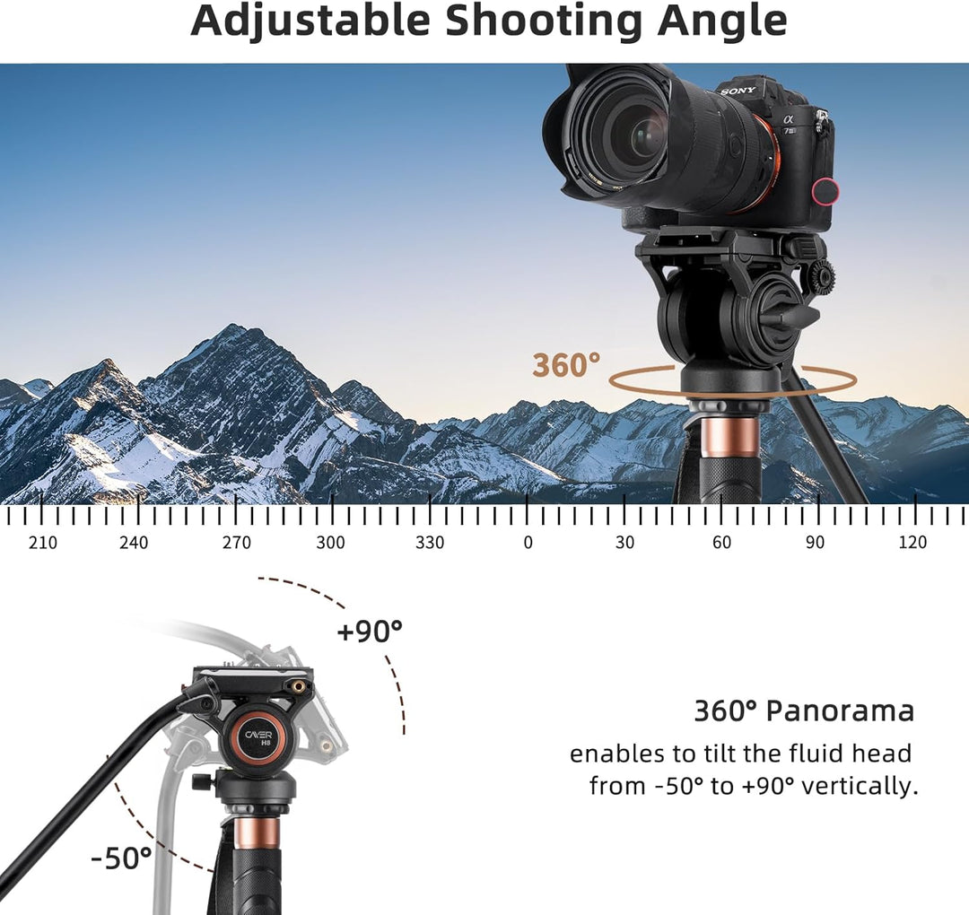 Cayer H6 Video Fluid Head, Kamera Tripod Fluid Drag Pan Head mit 60mm Flate Base, 1/4 und 3/8 Schrau