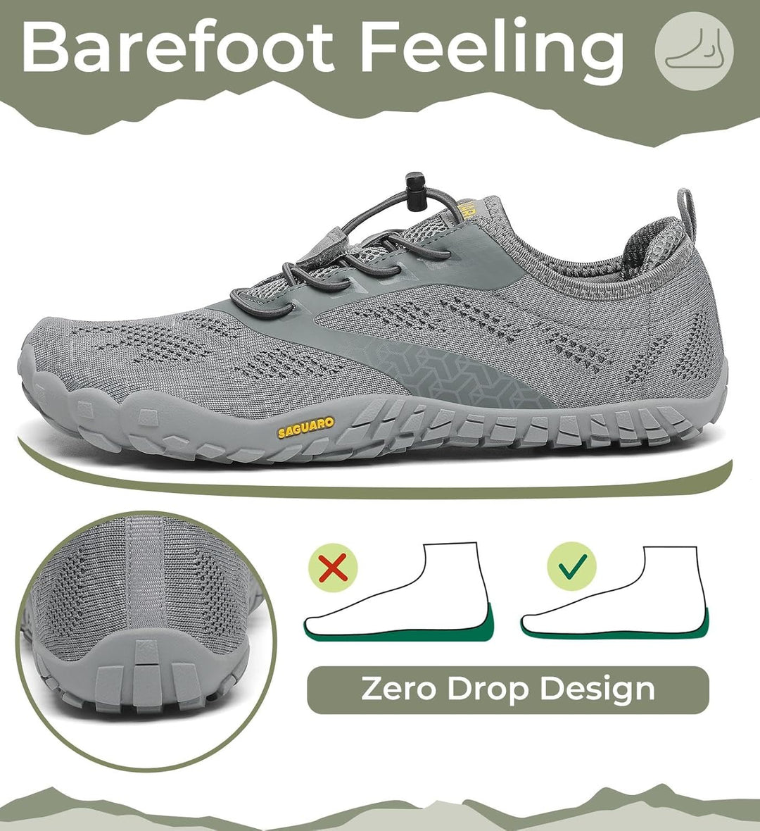 SAGUARO Unisex Barfussschuhe Indoor & Outdoor Fitnessschuhe, Gr. 36-48 39 EU Grau, 39 EU Grau