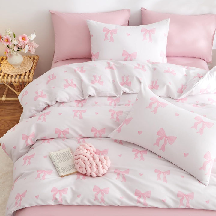 Tospass Schleife Bettwäsche 135x200cm Beige Rosa Schleifen Mädchen Wendebettwäsche-Set Deckenbezug F