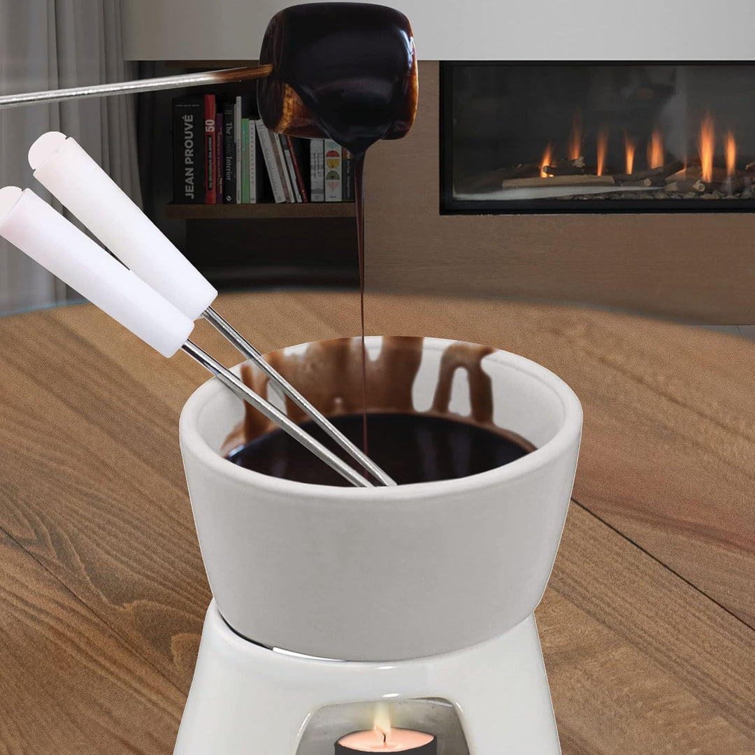 Cepewa 16 x Keramik Schokofondue Set Fondue-Set Schokolandenfondue weiss inkl. 2 Edelstahlgabeln (16