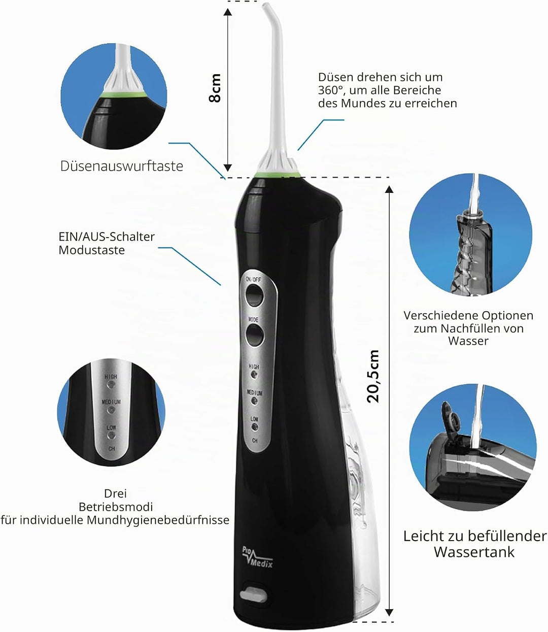 ProMedix PR-770 Elektrische Munddusche Reisemunddusche | Wasser-Flosser Oral Irrigator Zahnreinigung