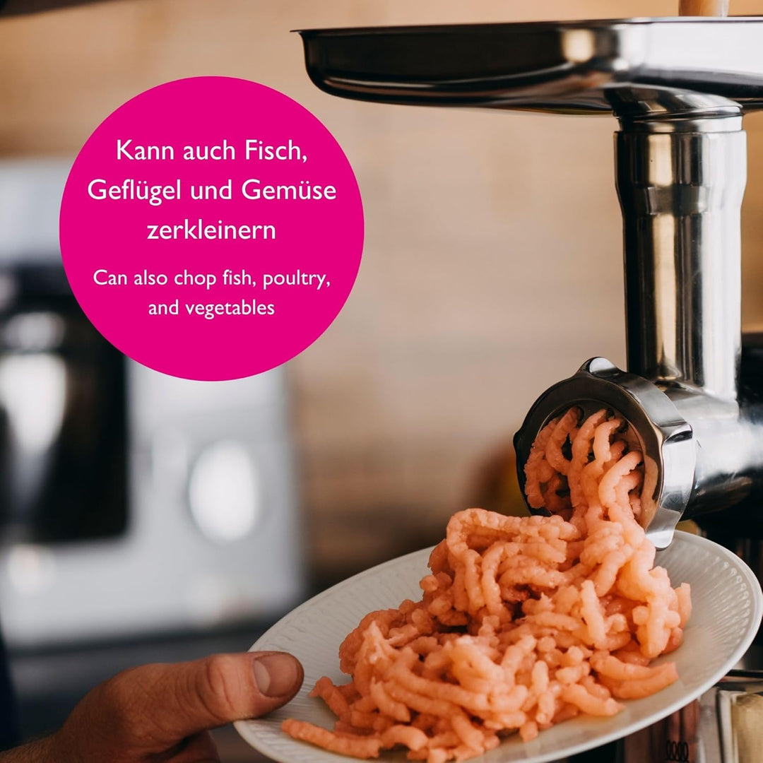 Fleischwolf "Schredder" aus hochwertigem Edelstahl inkl. Lochscheiben, Messer, Wurstfüllhorn, Spritz