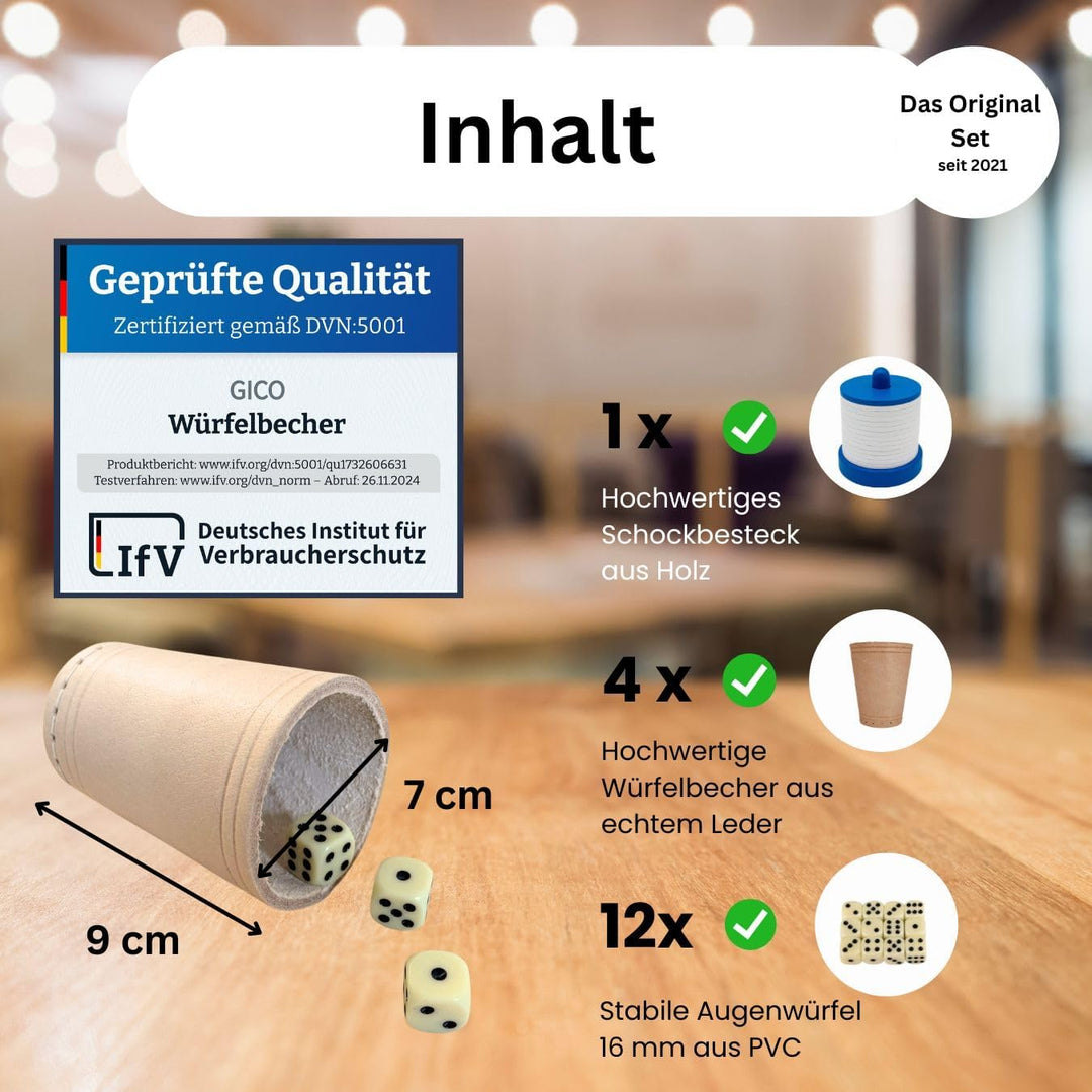 GICO Schocken Set - Komplett mit Schockbesteck, 4 Würfelbecher und 12 Würfeln - Jule Meiern Maxen Mö