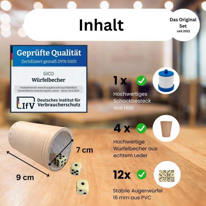 GICO Schocken Set - Komplett mit Schockbesteck, 4 Würfelbecher und 12 Würfeln - Jule Meiern Maxen Mö