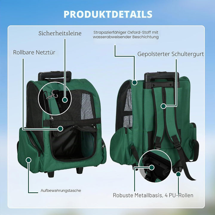 PawHut 2-in-1 Rucksackträger für Haustiere mit Rädern 42x25x55cm Grün | Seitentaschen, Teleskopgriff