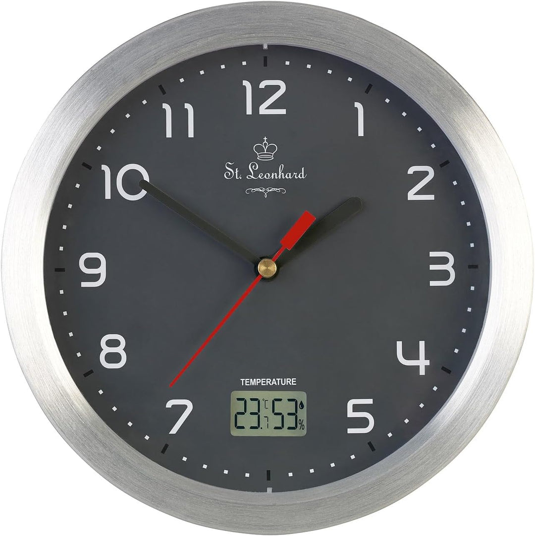 St. Leonhard Tischuhr: Badezimmer-Funk-Wanduhr, Thermo- und Hygrometer, Alu-Rahmen, Grau (Funk-Badez