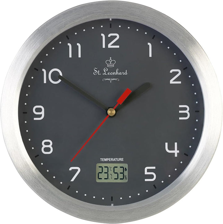 St. Leonhard Tischuhr: Badezimmer-Funk-Wanduhr, Thermo- und Hygrometer, Alu-Rahmen, Grau (Funk-Badez