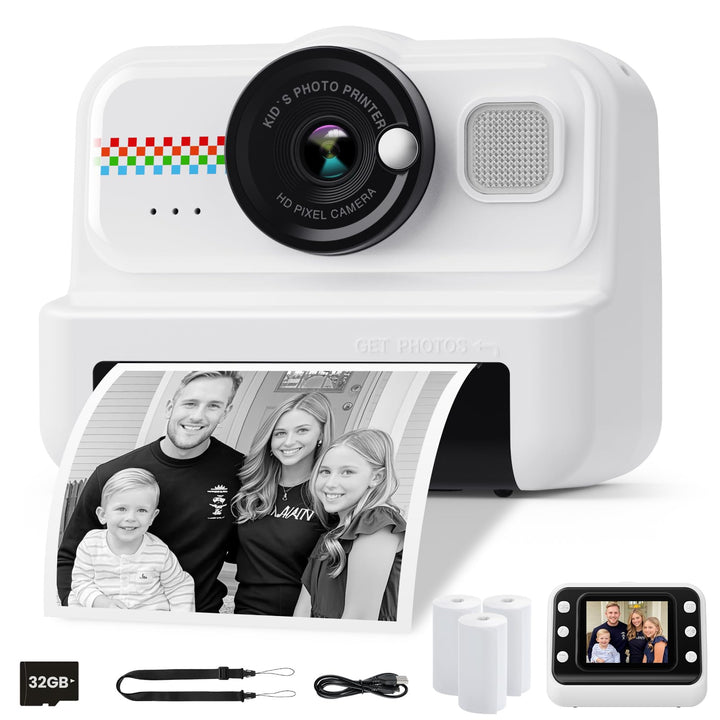 HiMont Kinderkamera Sofortbildkamera, 1080P Sofortbildkamera Kinder mit 32GB Karte & 3 Rollen Druckp