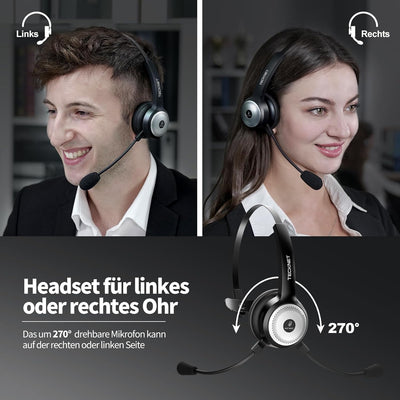 TECKNET Bluetooth Headset mit Mikrofon, PC Headset mit AI Rauschunterdrückung, kabelloses Headset mi