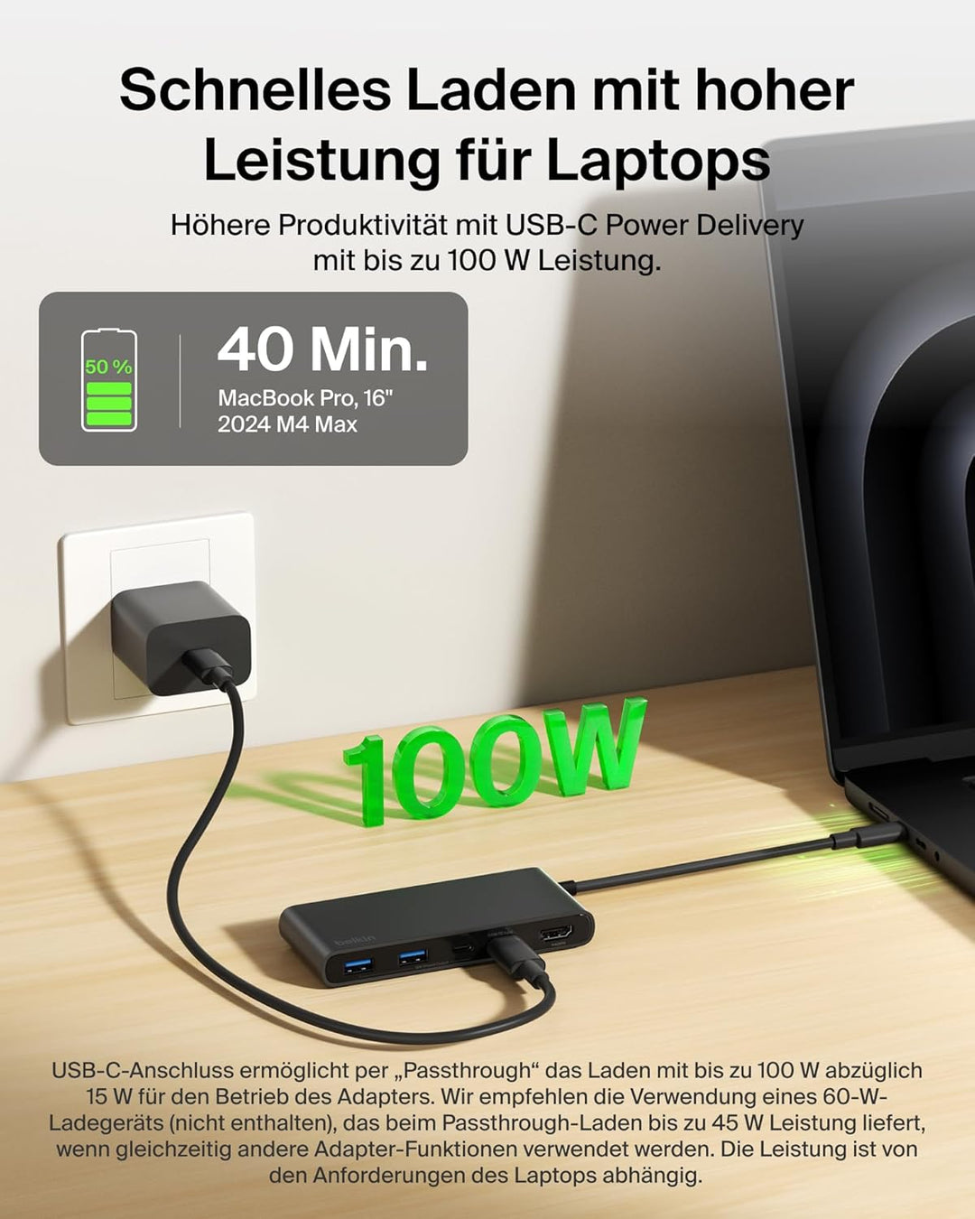 Belkin USB C Hub, 7-in-1 Docking Station, 4K bei 60 Hz, SD, MicroSD, 100 W Power Delivery, 5 Gbit/s