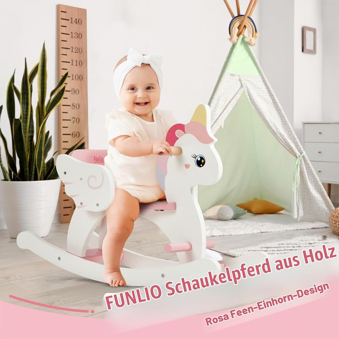 FUNLIO Einhorn Schaukelpferd Holz für 0,5-3 Jahre, Niedliches Schaukelpferd Baby mit Sicherheitsgurt
