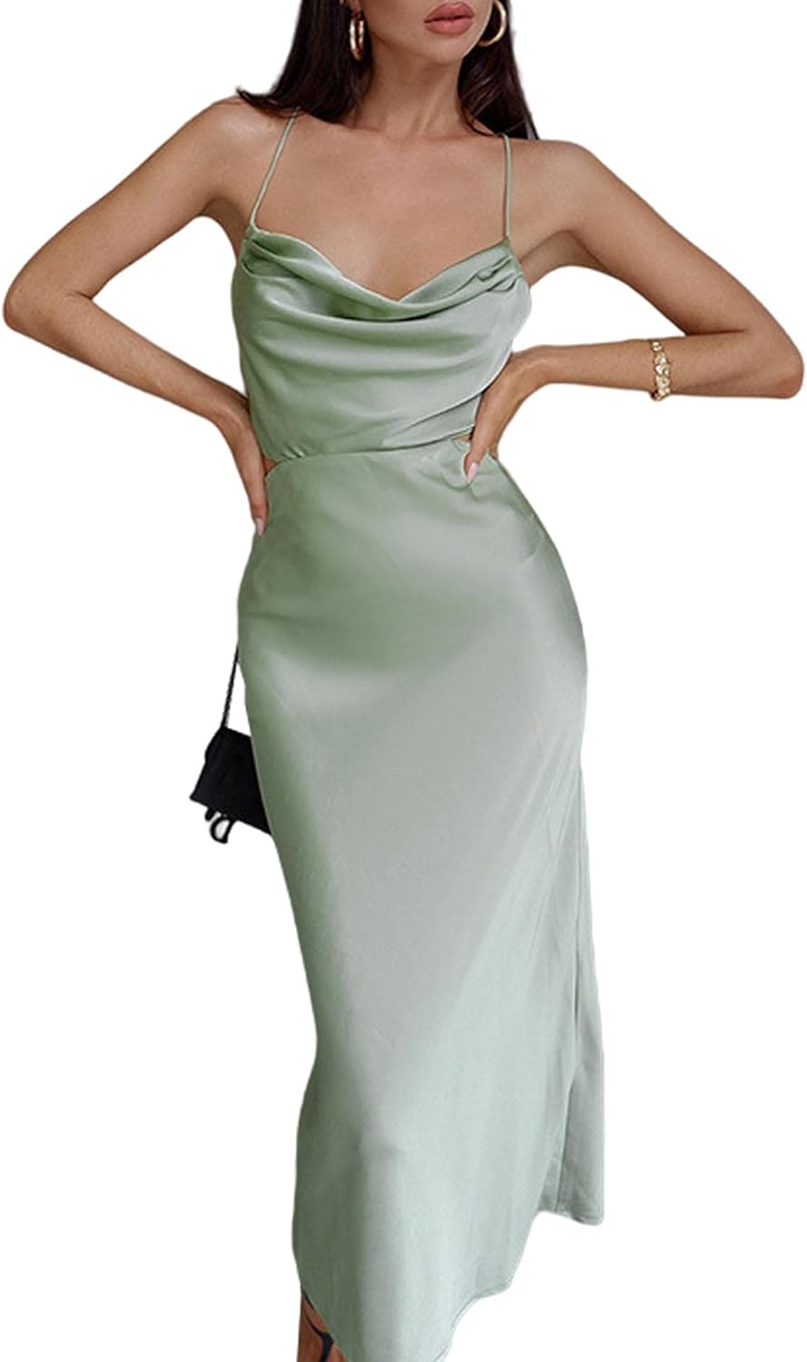 xxxiticat Maxi-Slip-Kleid für Damen, mit Wasserfallausschnitt, Spaghettiträgern, ärmellos, Taillenau
