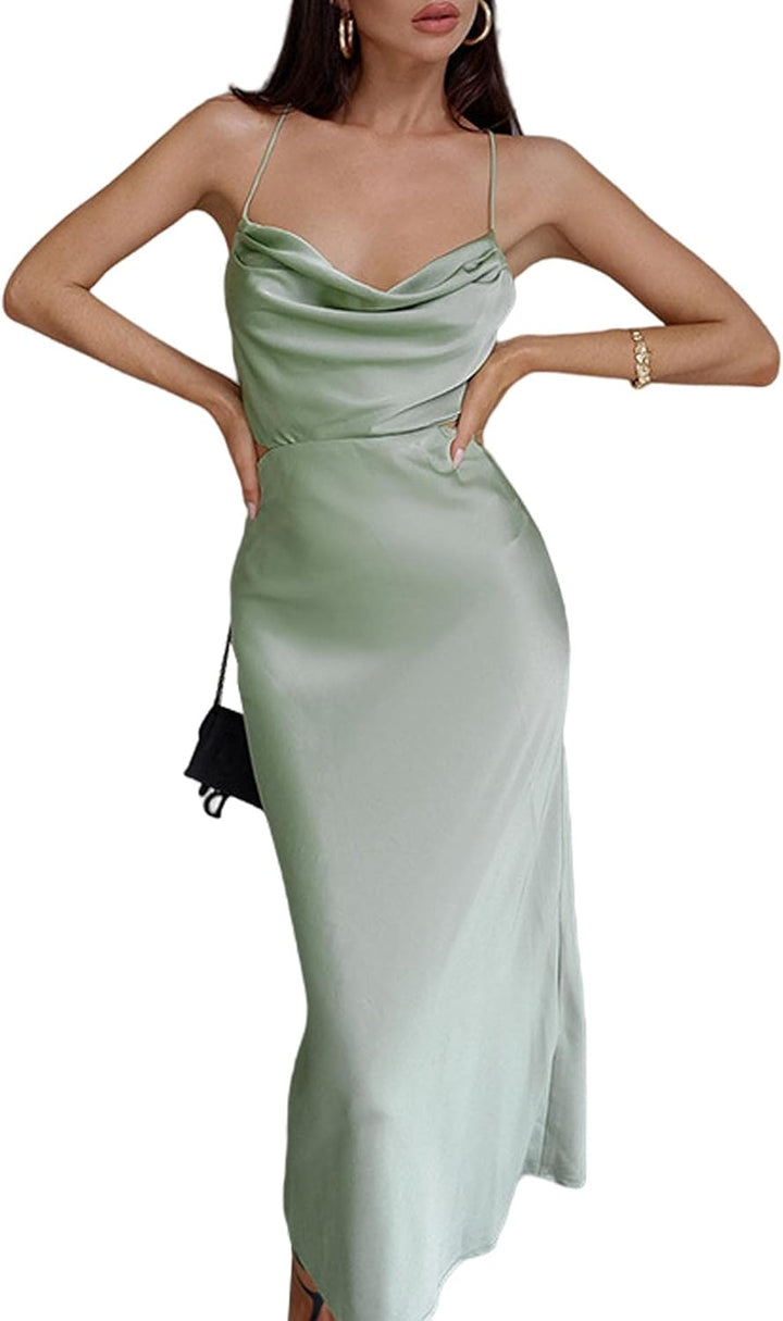 xxxiticat Maxi-Slip-Kleid für Damen, mit Wasserfallausschnitt, Spaghettiträgern, ärmellos, Taillenau