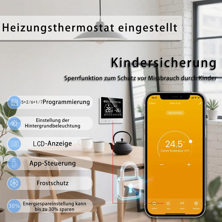 Smart Thermostat für Wasser Fussbodenheizung,WiFi Programmierbar Wandthermostate LCD Digital Touchsc