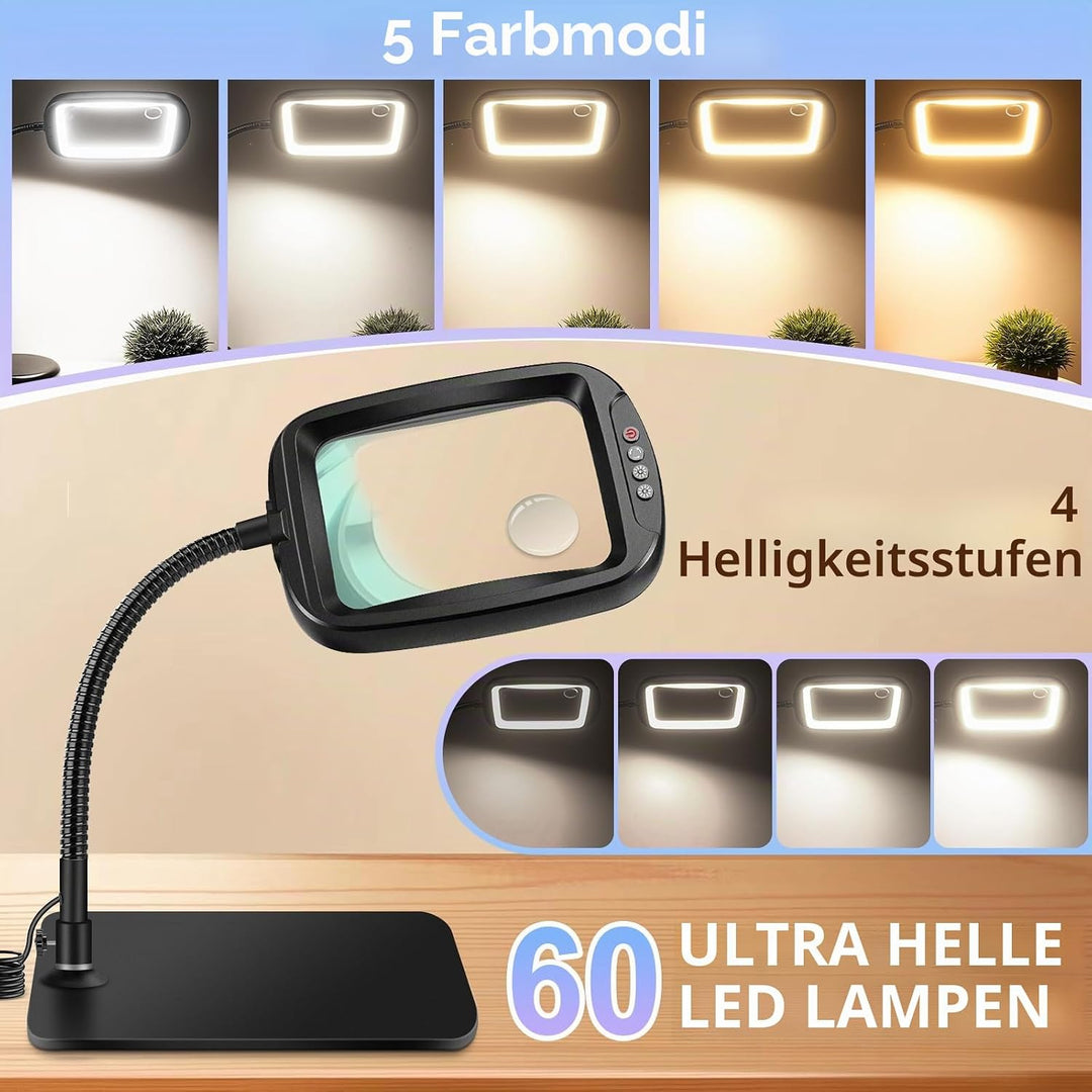 NZQXJXZ Lupe mit Licht und Ständer, 10X Lupenleuchte mit 60 LEDs, 5 Einstellbare Farben und 4 Hellig