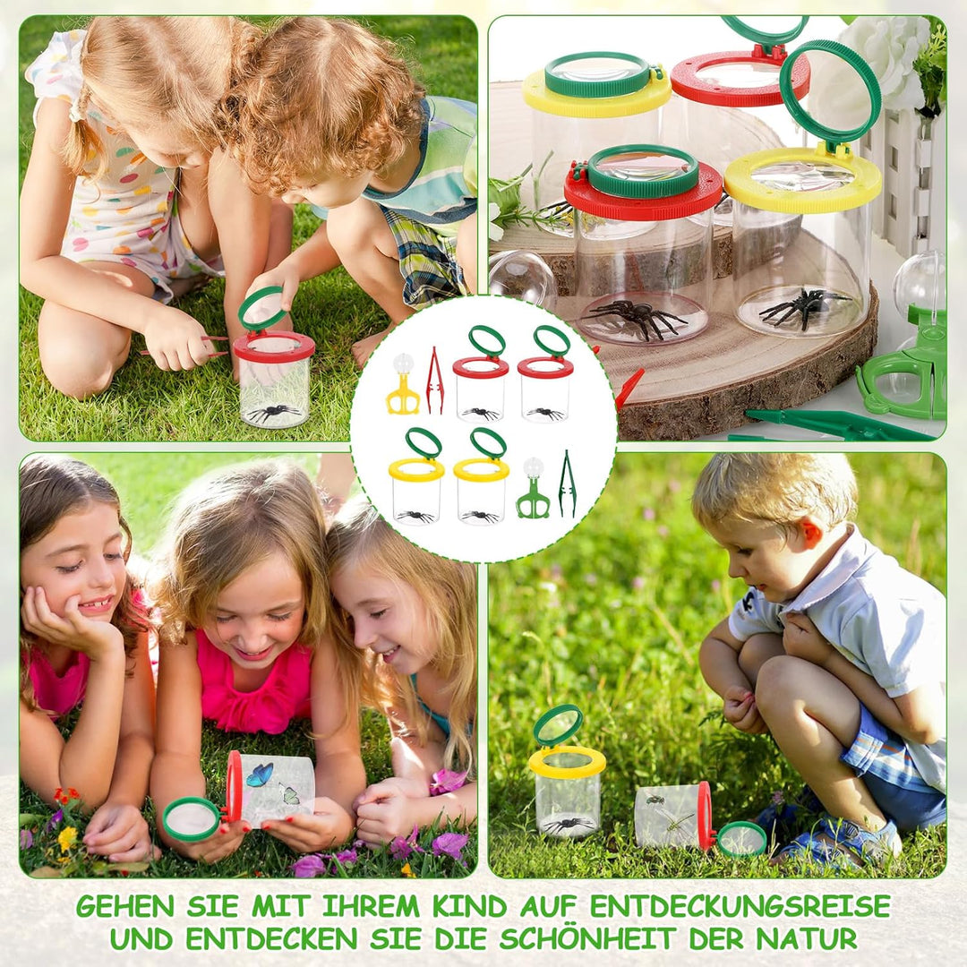 4 Stück Becherlupen für Kinder, Lupenglas Kinder Set, Lupenbecher mit 4 Stück Insektenfangwerkzeugen