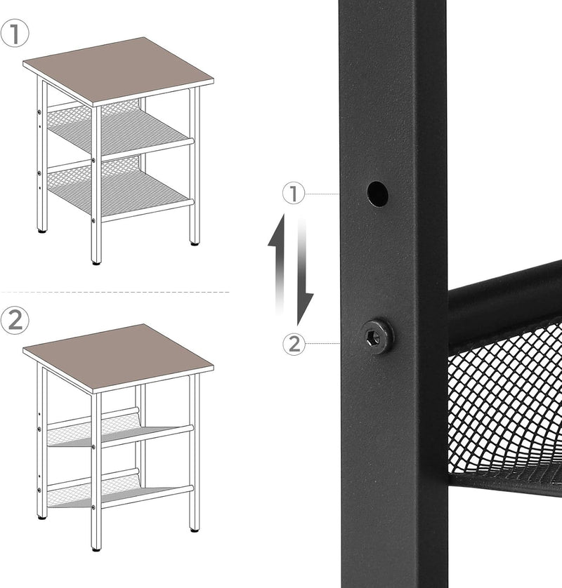 VASAGLE Beistelltisch, Nachttisch mit 2 verstellbaren Gitterablagen, Couchtisch im Industrie-Design,